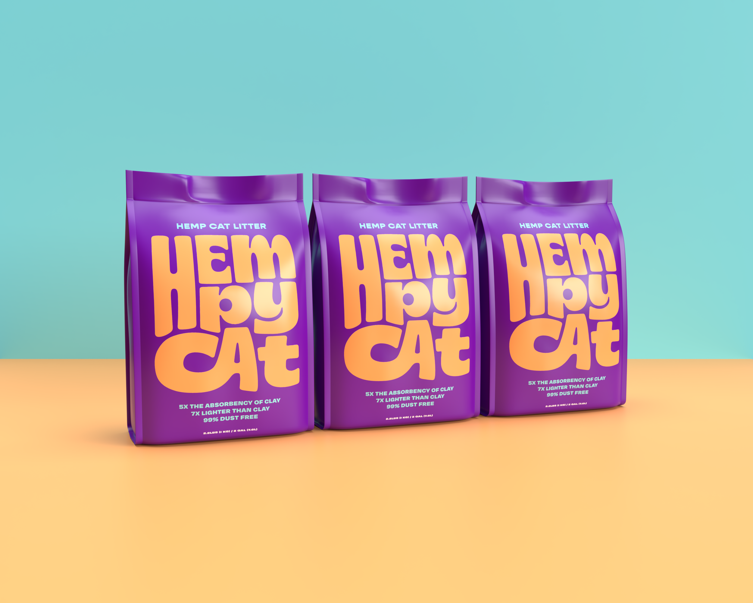 3 bags of Hempycat litter side by side