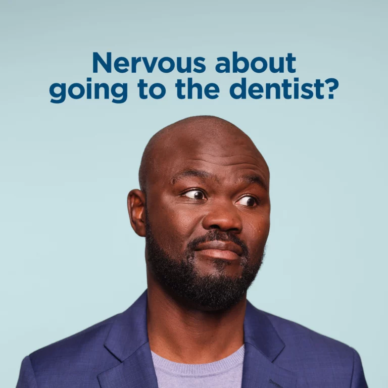 Man looking nervous, text reads Nervous about going to the dentist?