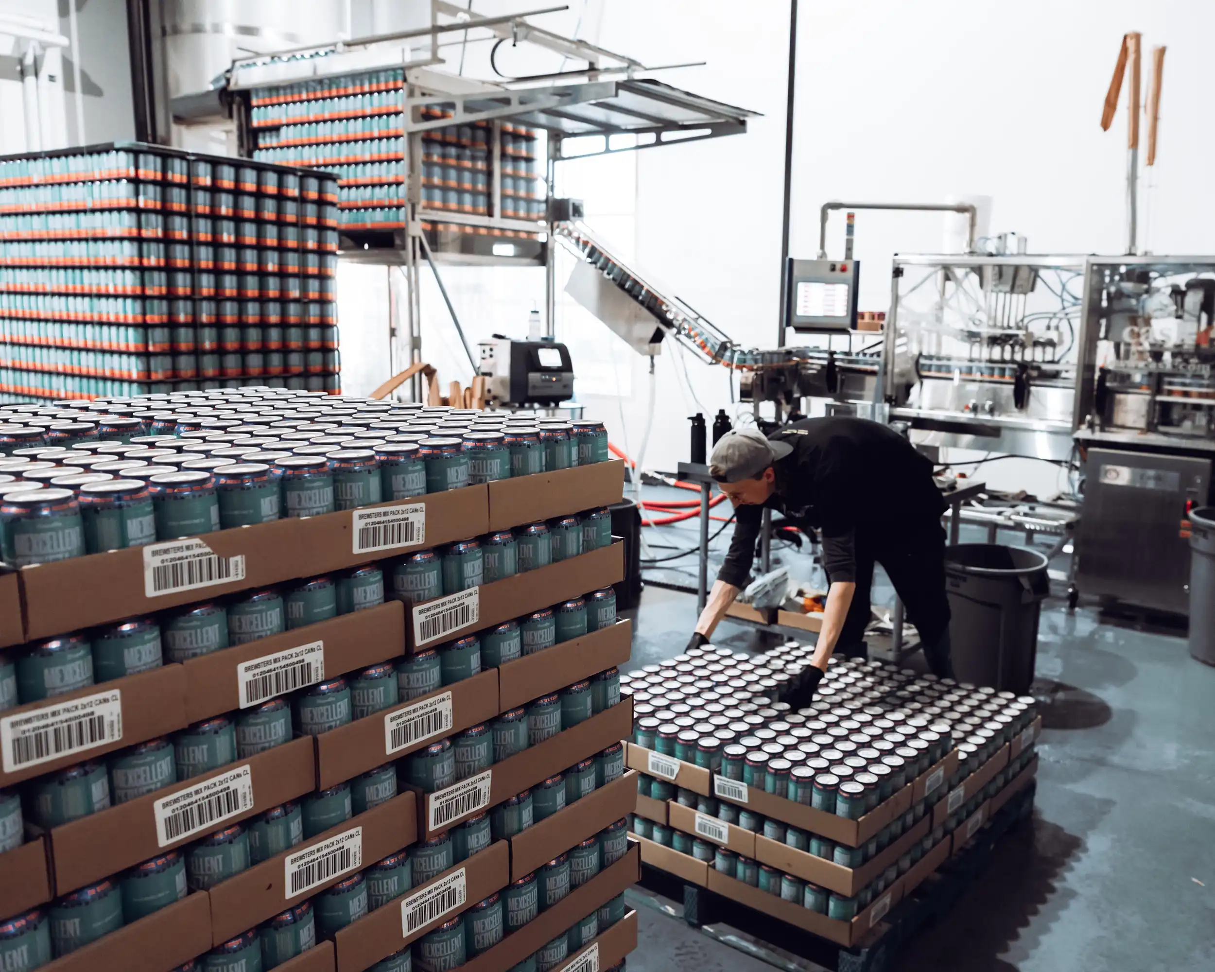 Cans being stacked at Brewsters brewery